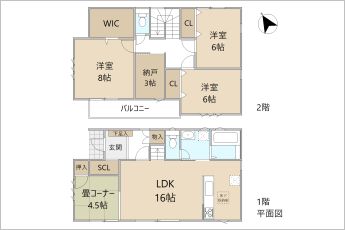 収納量豊富な3SLDK＋畳コーナー2階の納戸は季節物の収納にも重宝します。
