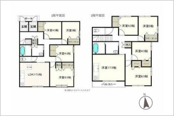 1F：4LDK（LDK17.5帖、洋室6.5帖、5帖、4.5帖、4.5帖）2F：4LDK（LDK17.5帖、洋室6.5帖、洋室5帖、洋室4.5帖、洋室4.5帖）