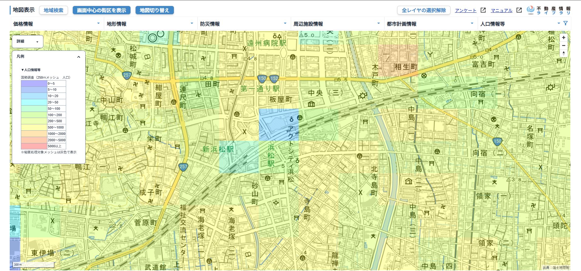 人口情報等より浜松駅周辺の地図