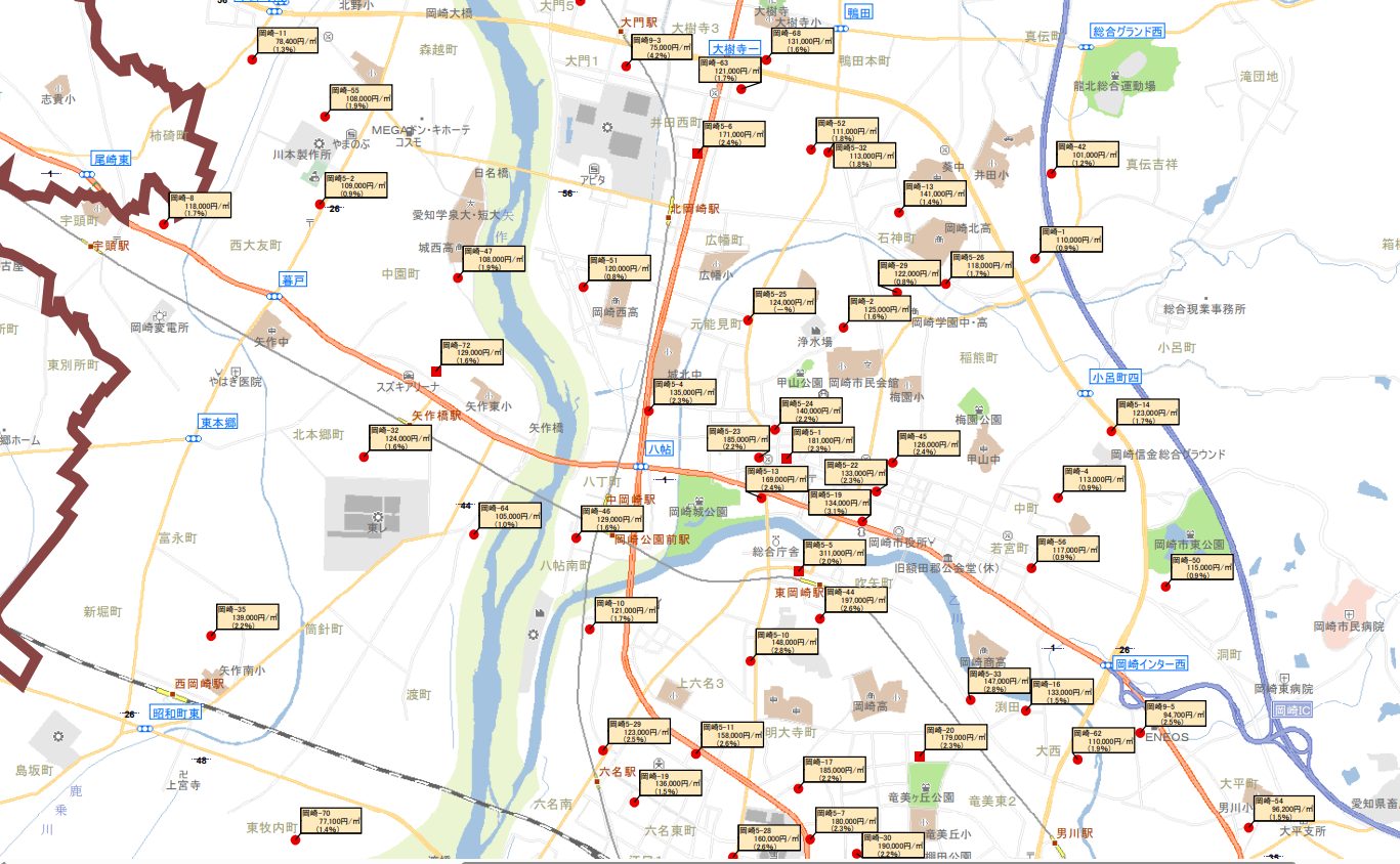 標準地の所在を表示する図面>岡崎市の部分