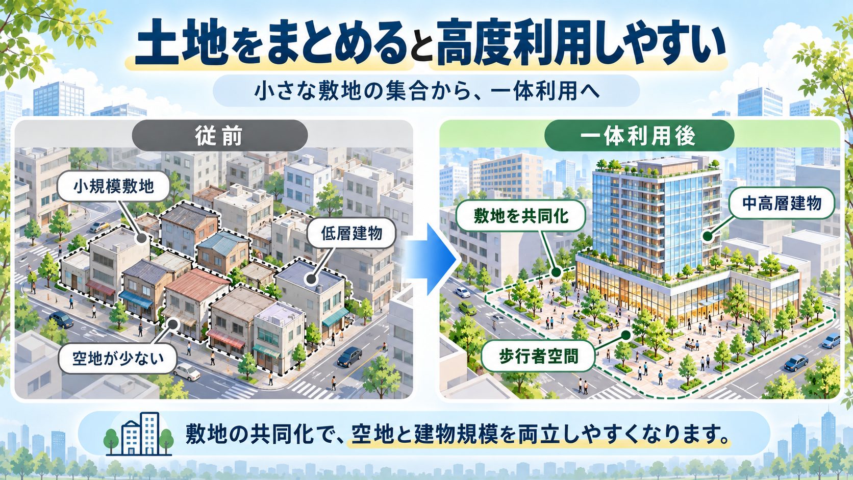 小さな土地や低層建物が細かく分かれている市街地